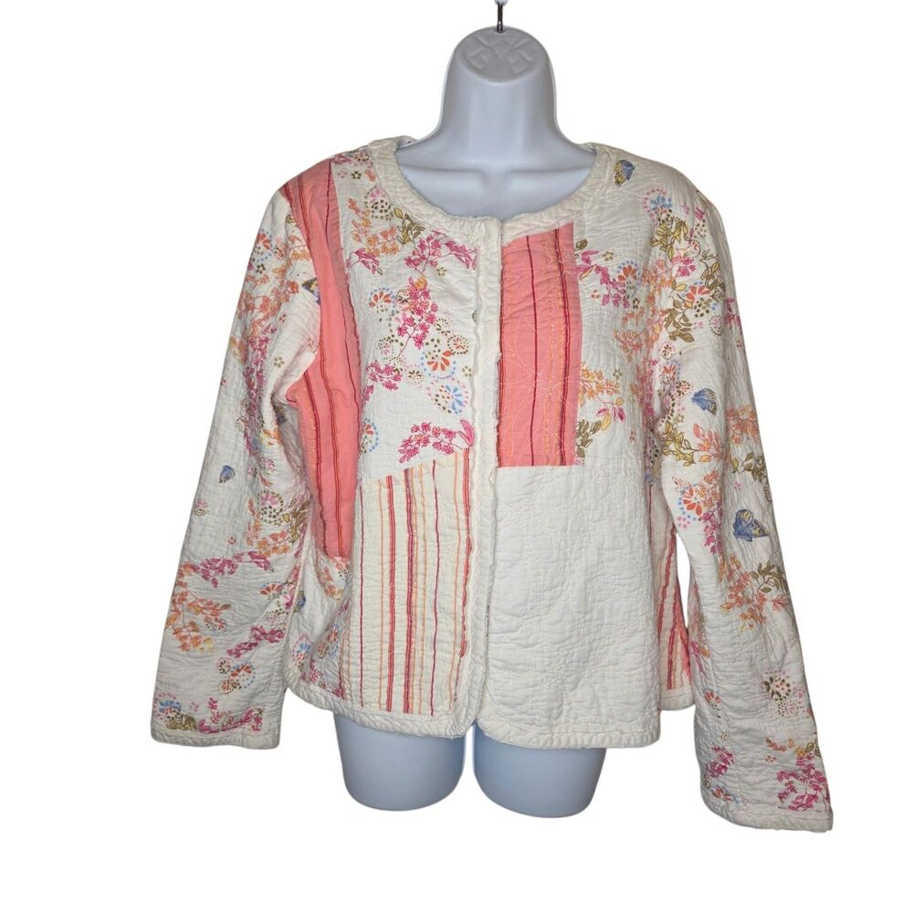 J.Jill Quilted Patchwork Floral Metallic Jacket L Cottagecore Pink Cream EUC